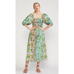 Cynthia Rowley Alice Smocked Cotton Midi Dress Puff Sleeve Multi Leaf Palm Print